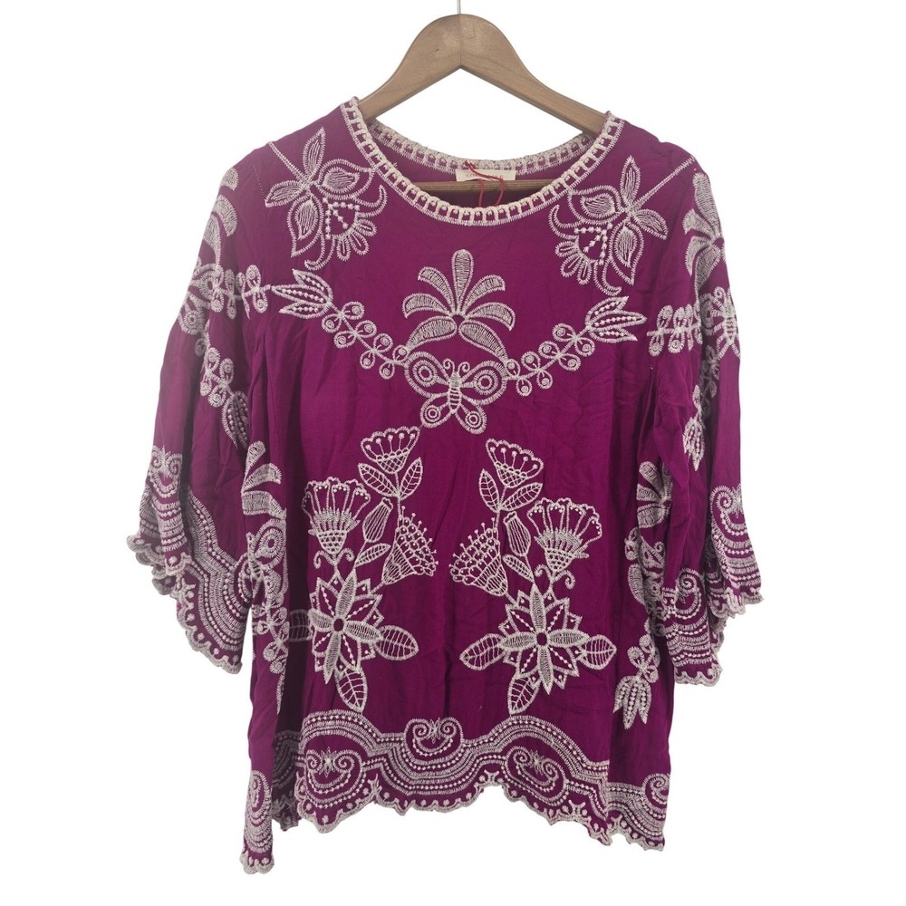 Solitaire Blouse Womens M Boho Embroidered Magenta Bell Sleeve EUC